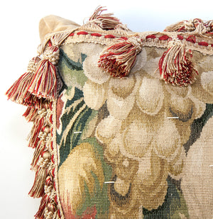20th Century French Woven Tapestry Sofa Pillow, Figural, Like Aubusson, 17" Sq Plus Fringe