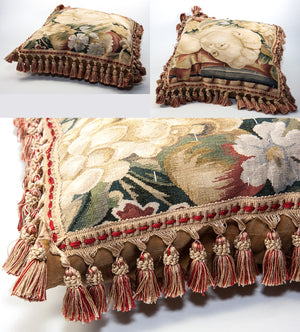 20th Century French Woven Tapestry Sofa Pillow, Figural, Like Aubusson, 17" Sq Plus Fringe