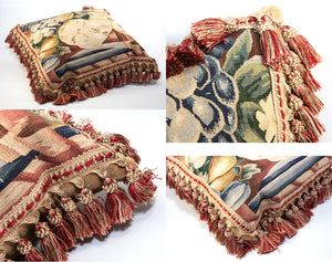 20th Century French Woven Tapestry Sofa Pillow #2, Figural, Like Aubusson, 17" Sq Plus Fringe