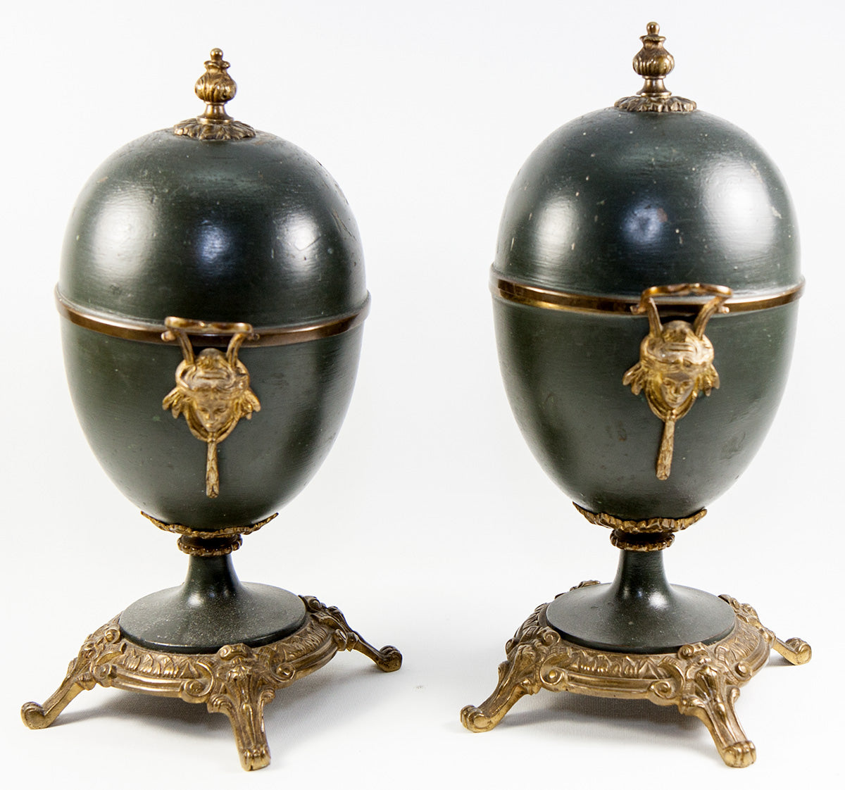 Pair of Napoleon III French Cassolets or Mantel Vase, Ornaments w Lids, Figural Handles