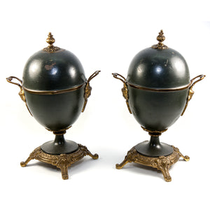 Pair of Napoleon III French Cassolets or Mantel Vase, Ornaments w Lids, Figural Handles