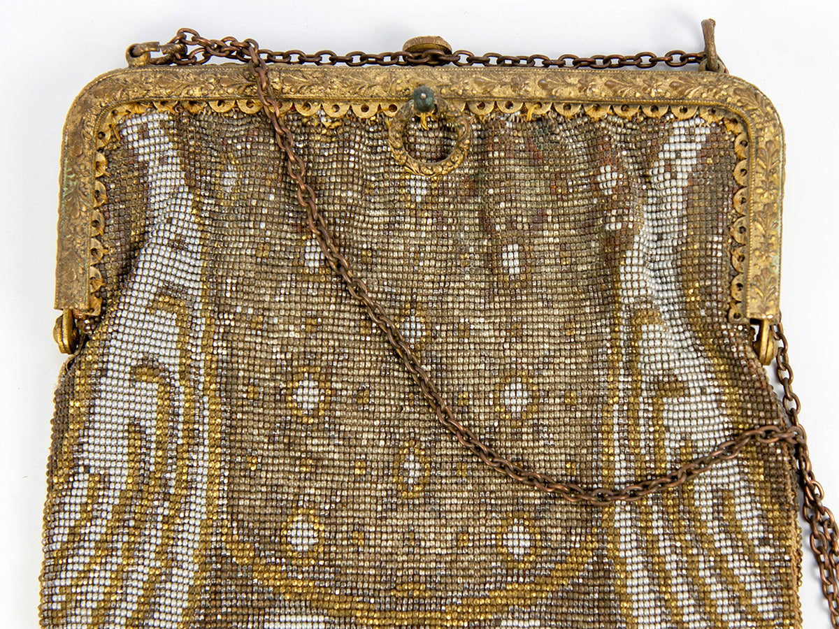Green glass-beaded, swag-style flapper purse, gold filigree frame