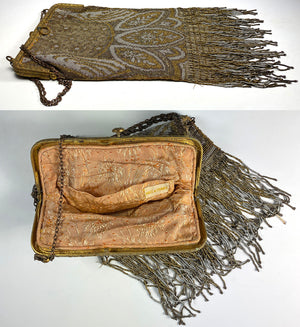 Antique French Lush Fringed Glass Bead Flapper Purse, Paisley Evening Bag, Gold, Silver 12.5 Long
