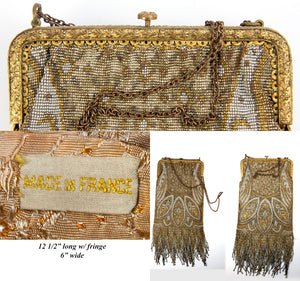 Antique French Lush Fringed Glass Bead Flapper Purse, Paisley Evening Bag, Gold, Silver 12.5" Long