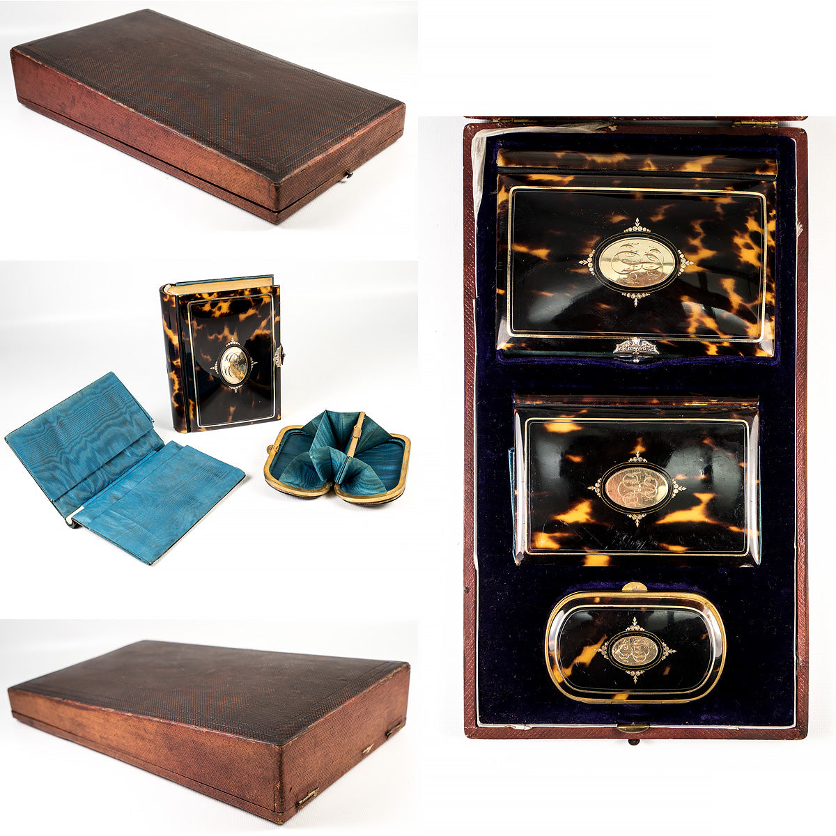 Superb Antique 18k Gold Inlay 3-pc Tortoise Shell Boxed Set, Prayer Book, Aide d'Memoire and Coin Purse, 18k Gold pique EC