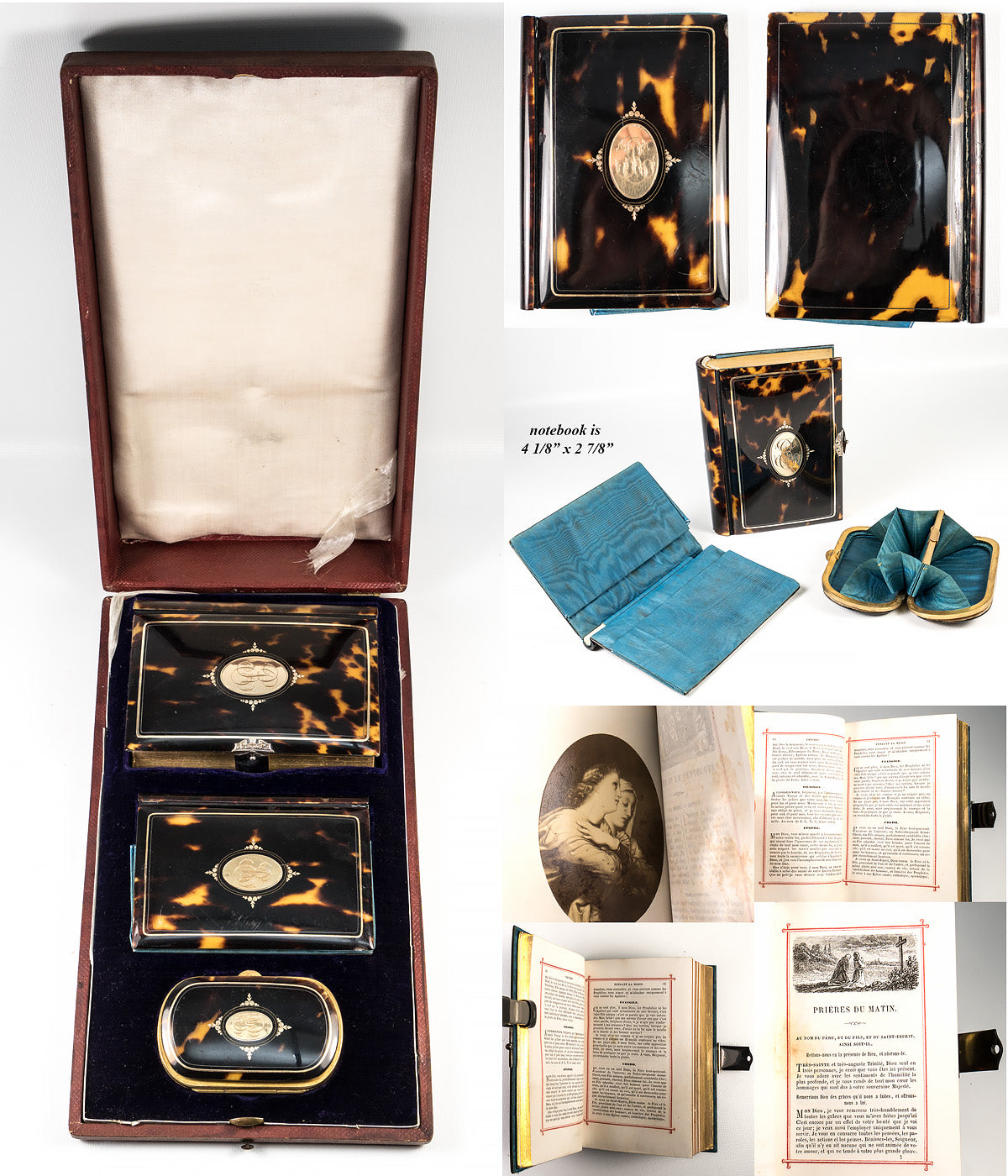 Superb Antique 18k Gold Inlay 3-pc Tortoise Shell Boxed Set, Prayer Book, Aide d'Memoire and Coin Purse, 18k Gold pique EC