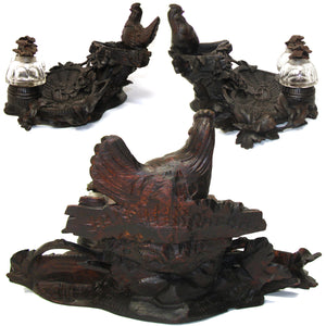 Antique Black Forest Carved 12" Double Inkwell, Rare Pastoral Cock or Rooster Figure
