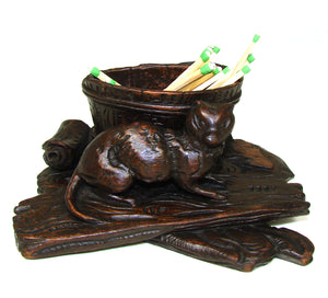 Delightful Antique Black Forest Toothpick or Match Holder, Rare CAT Figure