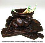 Delightful Antique Black Forest Toothpick or Match Holder, Rare CAT Figure