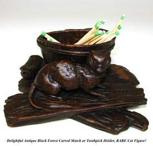 Delightful Antique Black Forest Toothpick or Match Holder, Rare CAT Figure