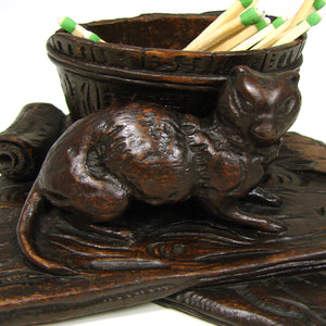 Delightful Antique Black Forest Toothpick or Match Holder, Rare CAT Figure