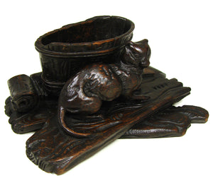 Delightful Antique Black Forest Toothpick or Match Holder, Rare CAT Figure