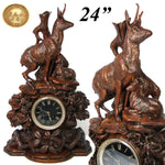 Huge Antique Black Forest Carved 24" Mantel Clock, Hunt Theme Chamois or Ibex & Fawn, Edelweiss