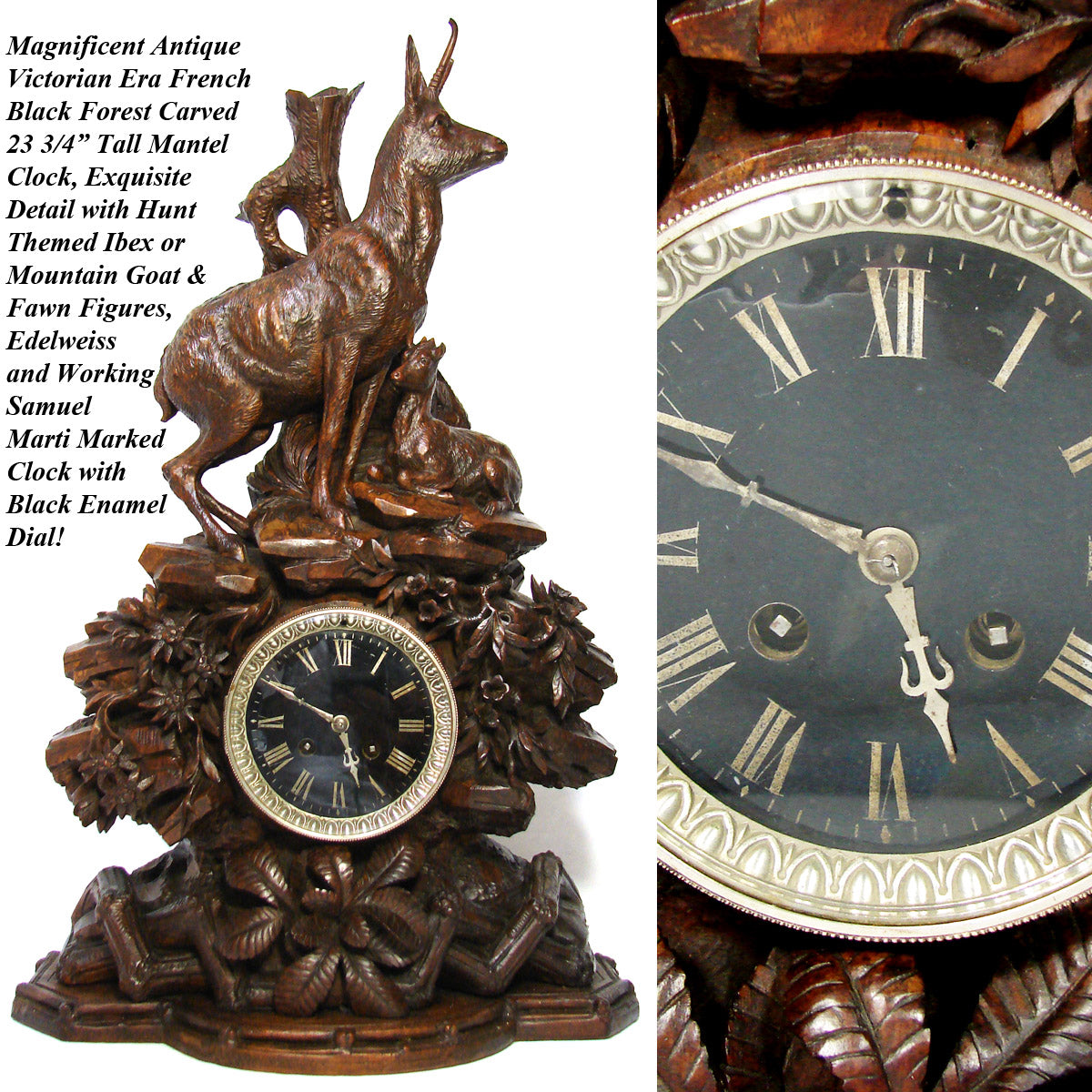 Huge Antique Black Forest Carved 24" Mantel Clock, Hunt Theme Chamois or Ibex & Fawn, Edelweiss