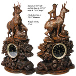 Huge Antique Black Forest Carved 24" Mantel Clock, Hunt Theme Chamois or Ibex & Fawn, Edelweiss