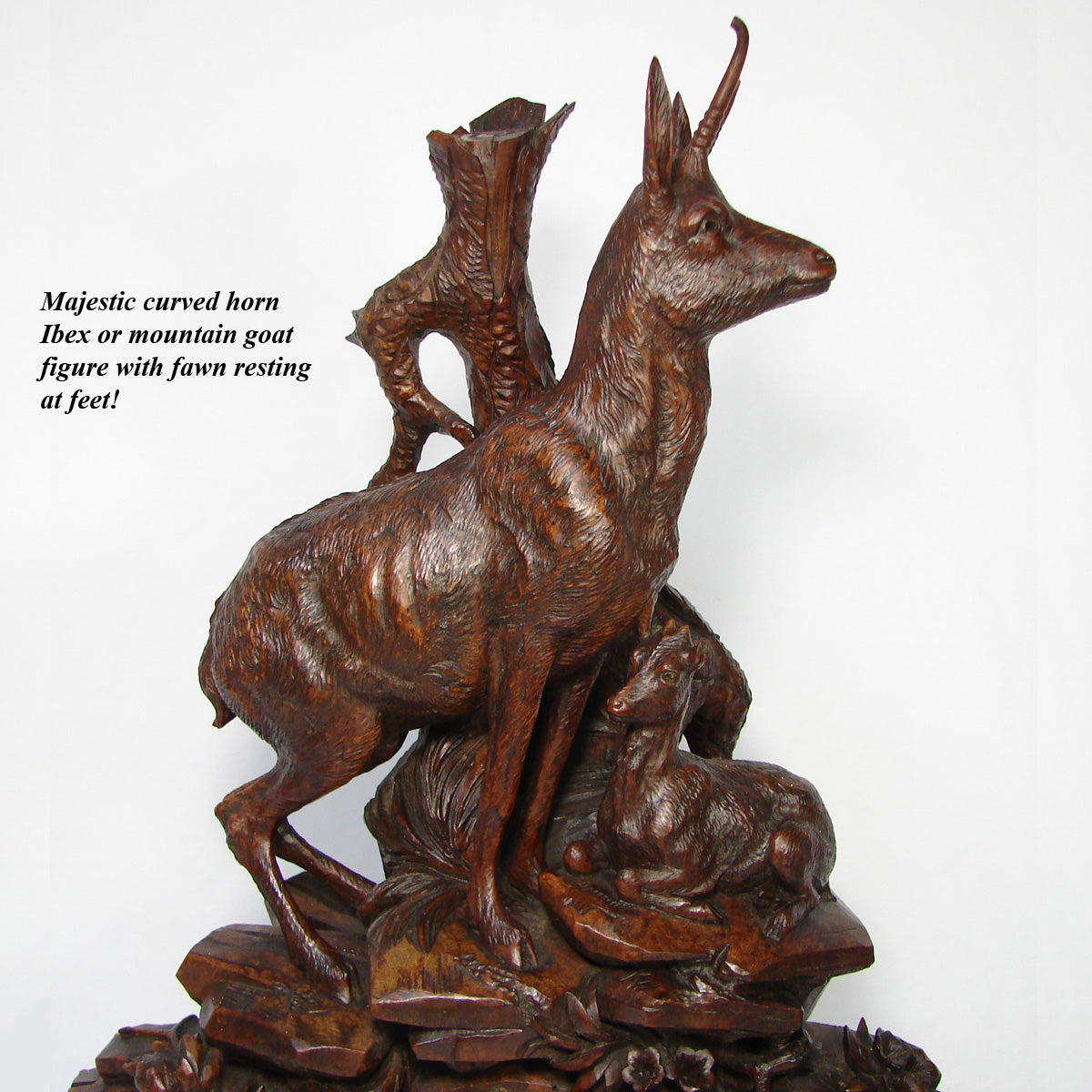 Huge Antique Black Forest Carved 24" Mantel Clock, Hunt Theme Chamois or Ibex & Fawn, Edelweiss