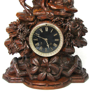 Huge Antique Black Forest Carved 24" Mantel Clock, Hunt Theme Chamois or Ibex & Fawn, Edelweiss