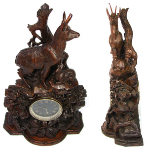 Huge Antique Black Forest Carved 24" Mantel Clock, Hunt Theme Chamois or Ibex & Fawn, Edelweiss