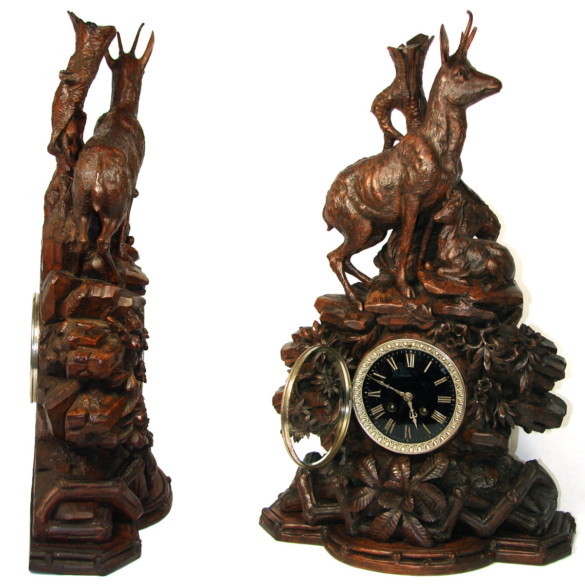 Huge Antique Black Forest Carved 24" Mantel Clock, Hunt Theme Chamois or Ibex & Fawn, Edelweiss