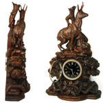 Huge Antique Black Forest Carved 24" Mantel Clock, Hunt Theme Chamois or Ibex & Fawn, Edelweiss