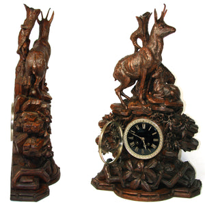 Huge Antique Black Forest Carved 24" Mantel Clock, Hunt Theme Chamois or Ibex & Fawn, Edelweiss