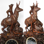 Huge Antique Black Forest Carved 24" Mantel Clock, Hunt Theme Chamois or Ibex & Fawn, Edelweiss