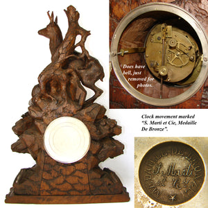 Huge Antique Black Forest Carved 24" Mantel Clock, Hunt Theme Chamois or Ibex & Fawn, Edelweiss