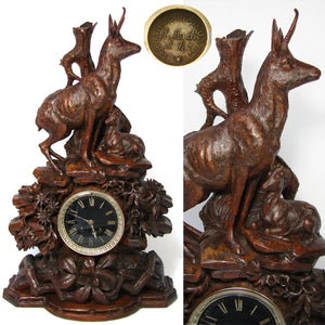 Huge Antique Black Forest Carved 24" Mantel Clock, Hunt Theme Chamois or Ibex & Fawn, Edelweiss