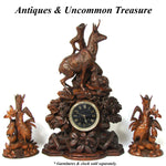 Huge Antique Black Forest Carved 24" Mantel Clock, Hunt Theme Chamois or Ibex & Fawn, Edelweiss