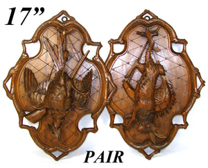 Fab Antique Black Forest 17" Wall Plaque PAIR, "Fruits of the Hunt" Hare & Game Bird Figures