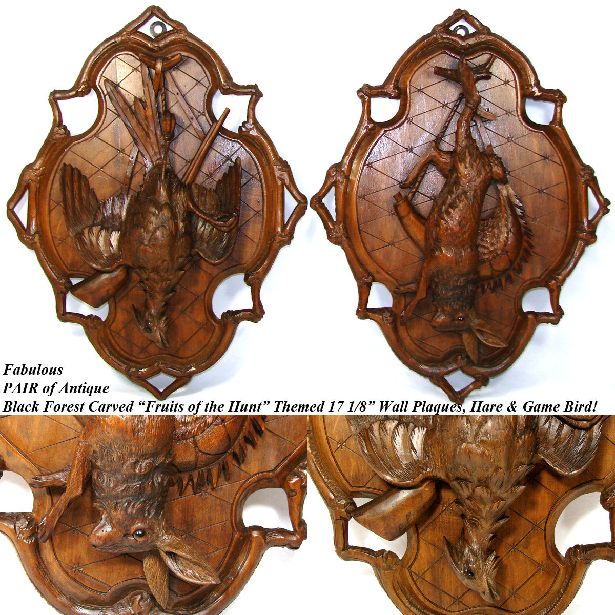 Fab Antique Black Forest 17" Wall Plaque PAIR, "Fruits of the Hunt" Hare & Game Bird Figures