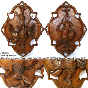 Fab Antique Black Forest 17" Wall Plaque PAIR, "Fruits of the Hunt" Hare & Game Bird Figures