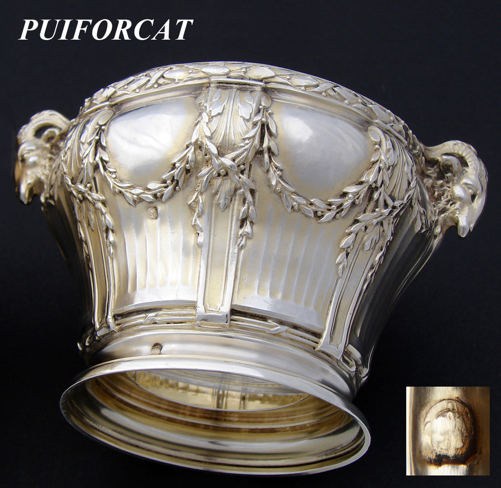 Antique French PUIFORCAT 18k Gold on Sterling Silver Vermeil Caviar Dish, Empire Style Ram Heads