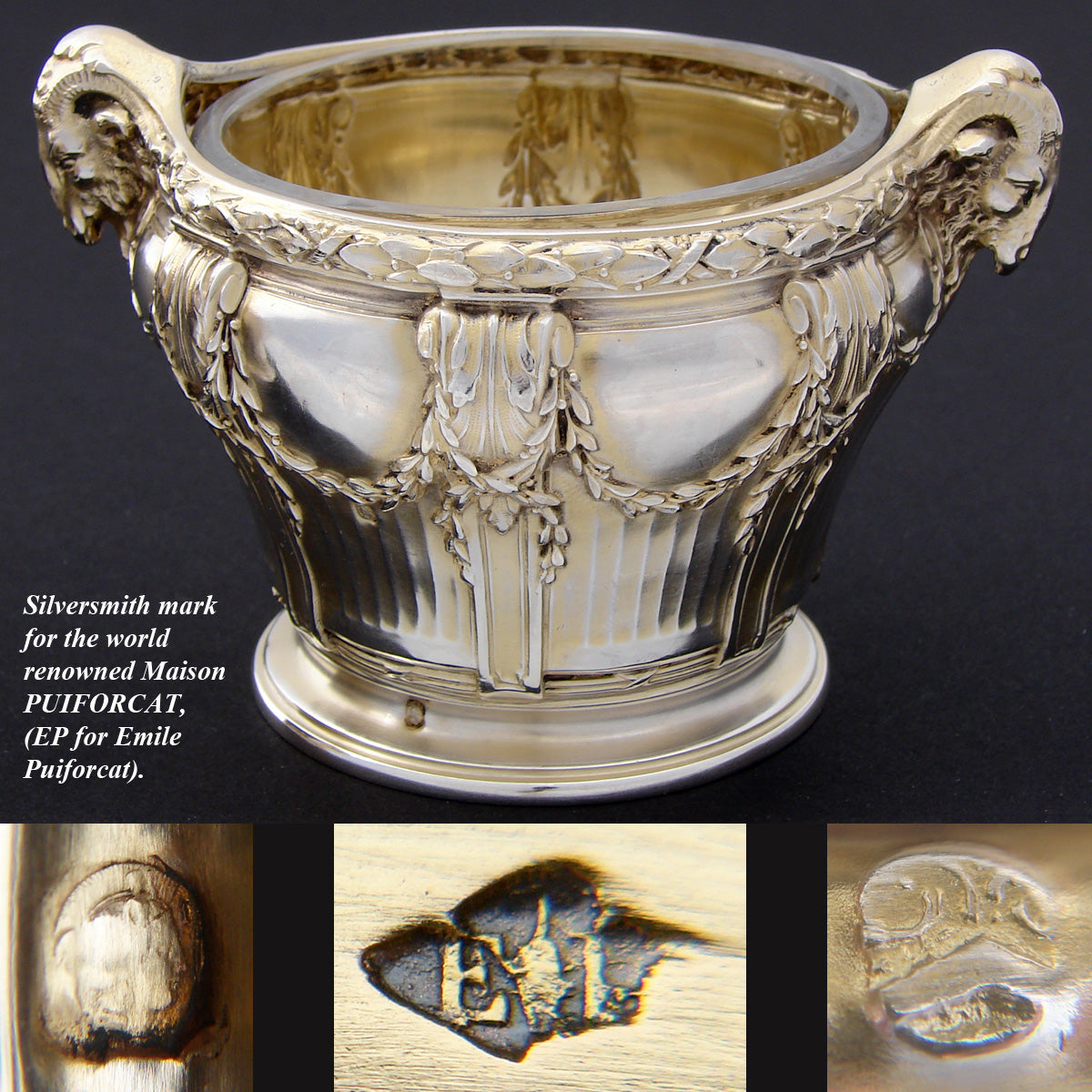 Antique French PUIFORCAT 18k Gold on Sterling Silver Vermeil Caviar Dish, Empire Style Ram Heads