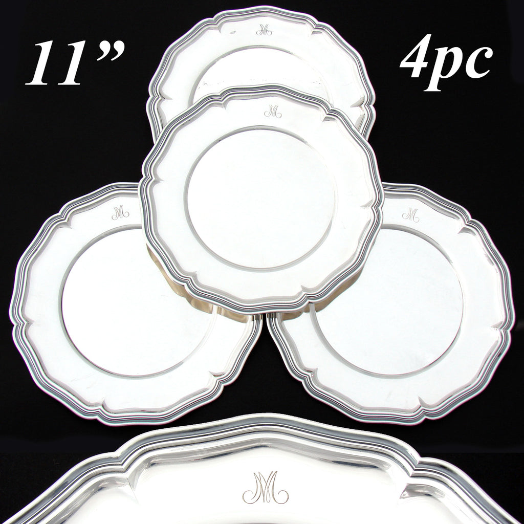 Elegant Vintage Swiss Hallmarked Solid Silver 4pc 11" Tray, Plate or Charger Set, "M" Monograms