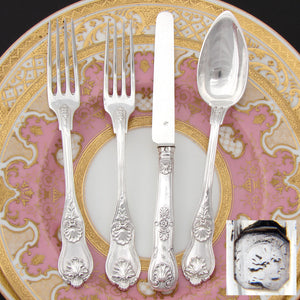 Antique French Sterling Silver 4pc Flatware Place Setting for One, Figural Mascaron Pattern