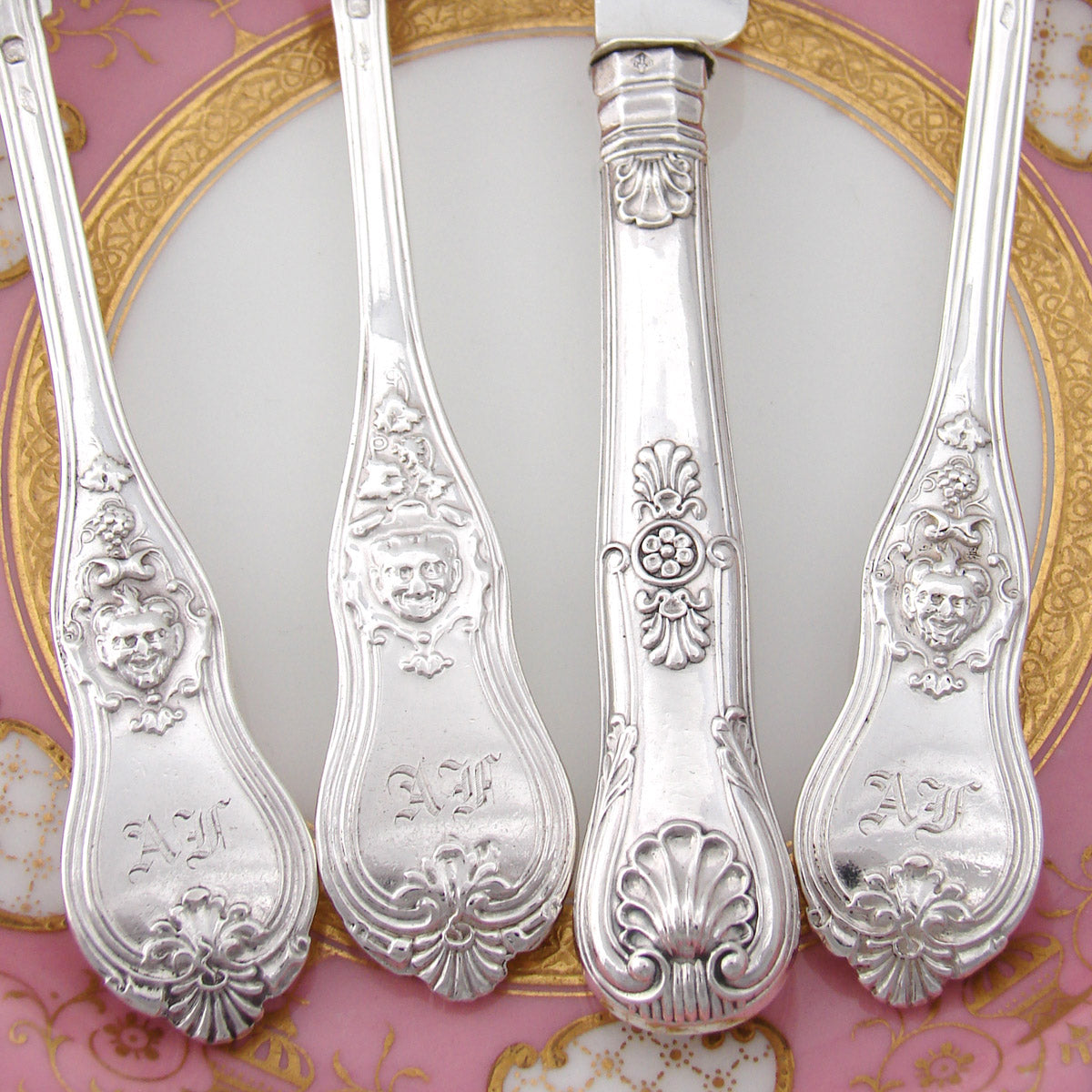 Antique French Sterling Silver 4pc Flatware Place Setting for One, Figural Mascaron Pattern