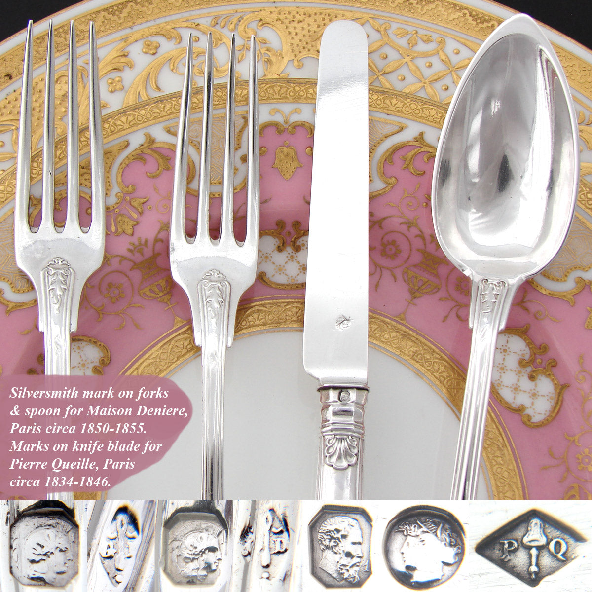 Antique French Sterling Silver 4pc Flatware Place Setting for One, Figural Mascaron Pattern