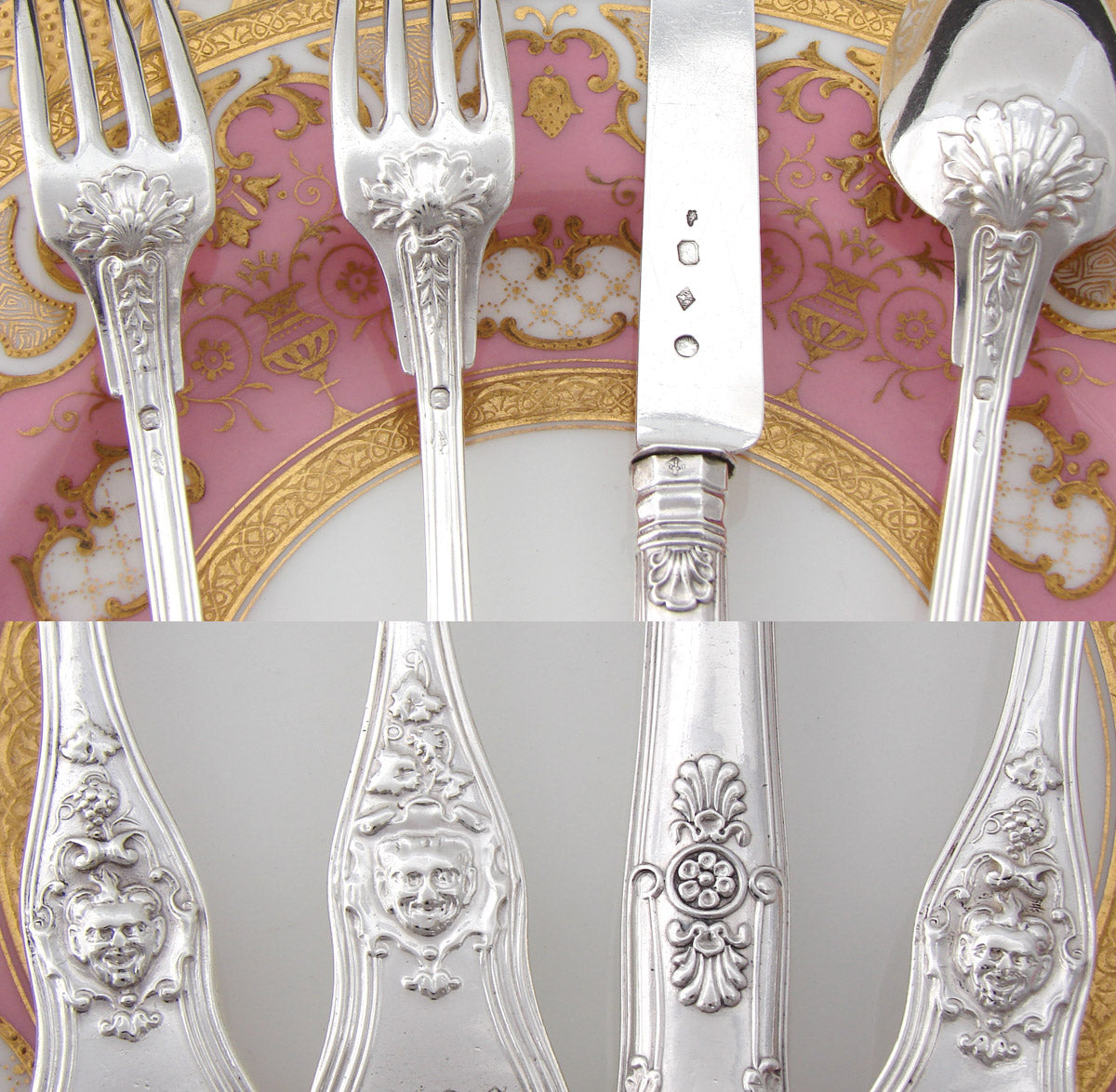 Antique French Sterling Silver 4pc Flatware Place Setting for One, Figural Mascaron Pattern