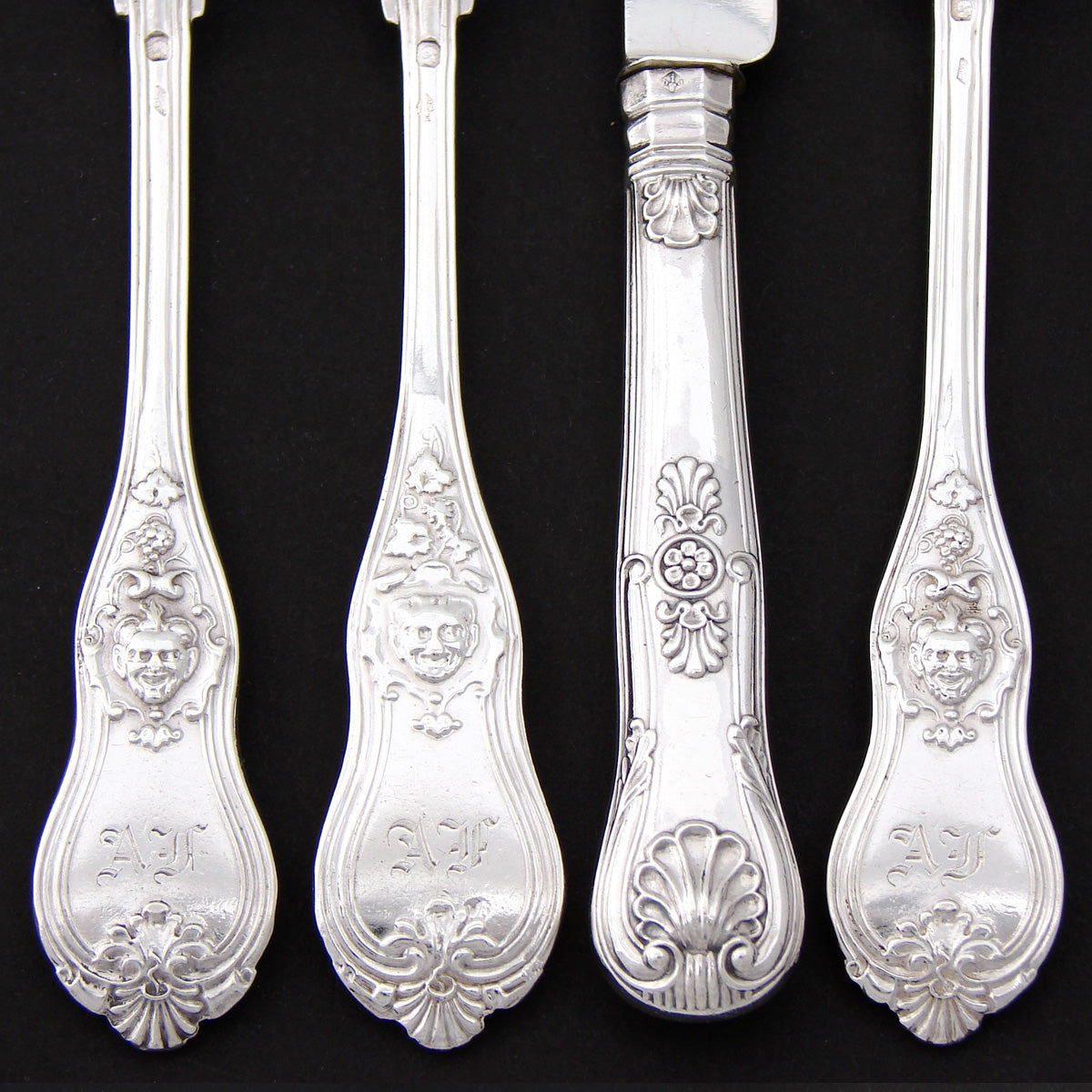 Antique French Sterling Silver 4pc Flatware Place Setting for One, Figural Mascaron Pattern