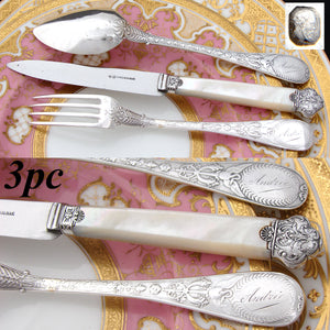 Gorgeous Antique French Sterling Silver 3pc Flatware Place Setting for One, Figural, Pearl Handled Knife