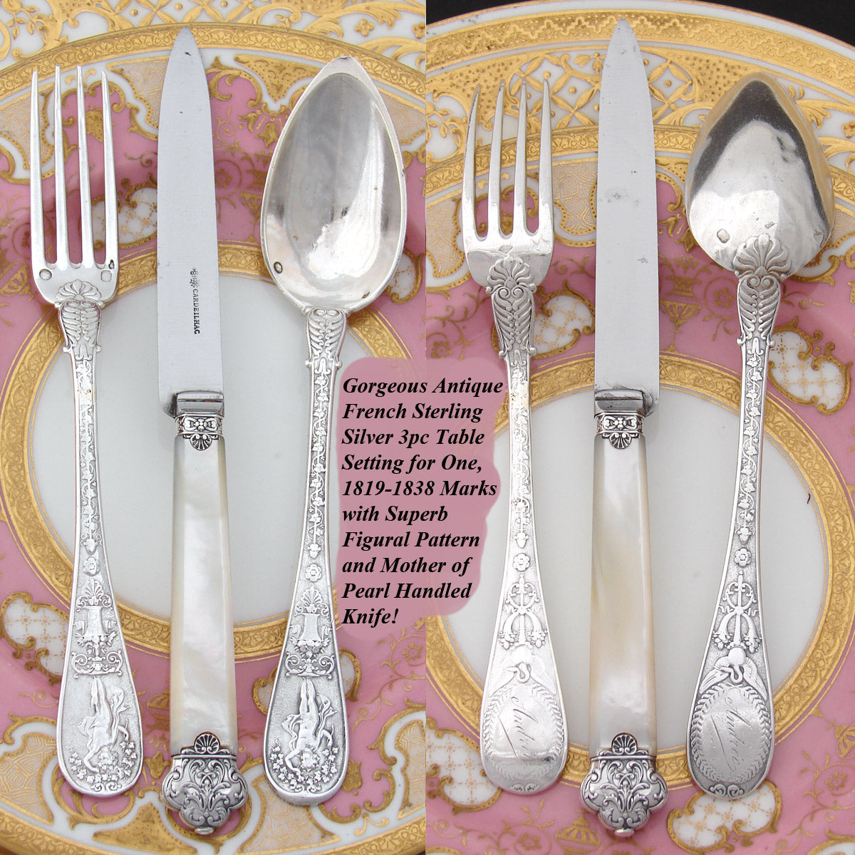 Gorgeous Antique French Sterling Silver 3pc Flatware Place Setting for One, Figural, Pearl Handled Knife