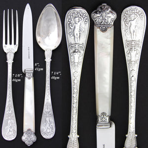 Gorgeous Antique French Sterling Silver 3pc Flatware Place Setting for One, Figural, Pearl Handled Knife