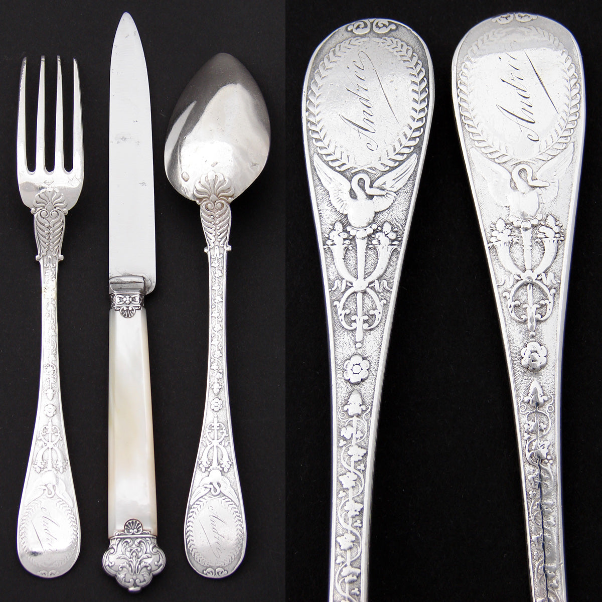 Gorgeous Antique French Sterling Silver 3pc Flatware Place Setting for One, Figural, Pearl Handled Knife