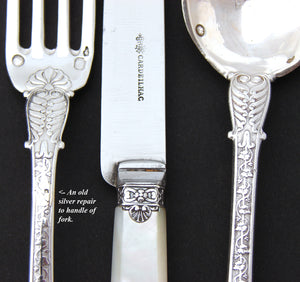 Gorgeous Antique French Sterling Silver 3pc Flatware Place Setting for One, Figural, Pearl Handled Knife