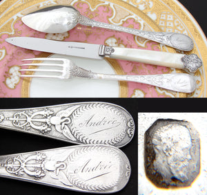 Gorgeous Antique French Sterling Silver 3pc Flatware Place Setting for One, Figural, Pearl Handled Knife