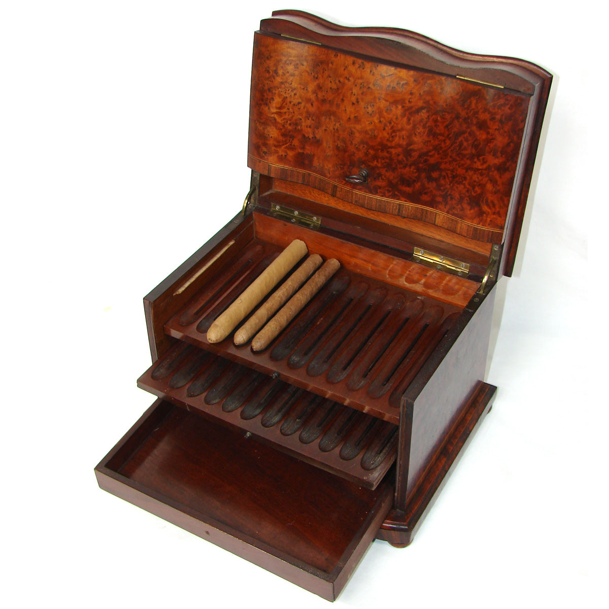 Antique French Napoleon III 11" Burled Cigar Presenter, Humidor Style Tantalus, Chest