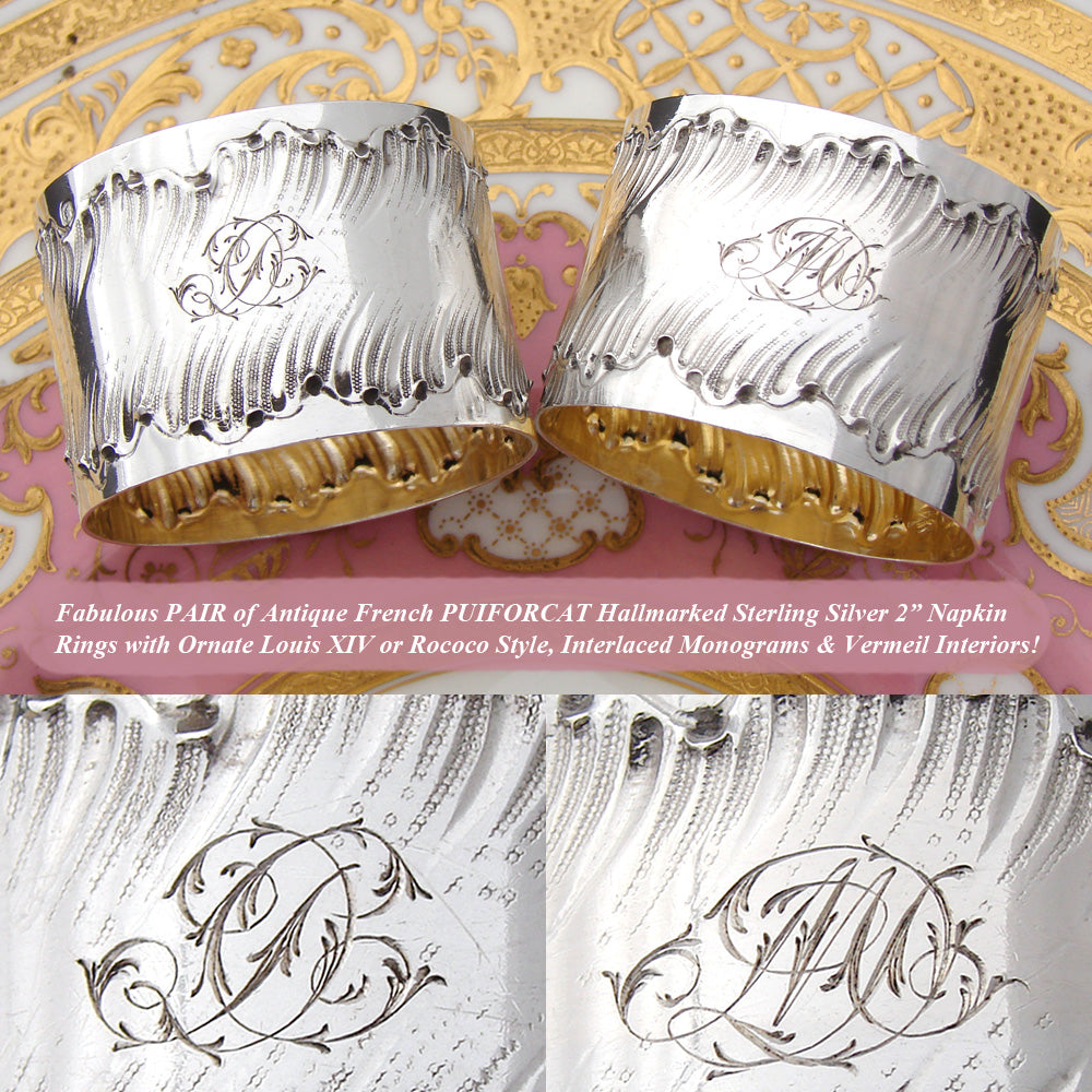 PAIR: Antique French PUIFORCAT Sterling Silver Napkin Rings, Louis XV or Rococo Pattern