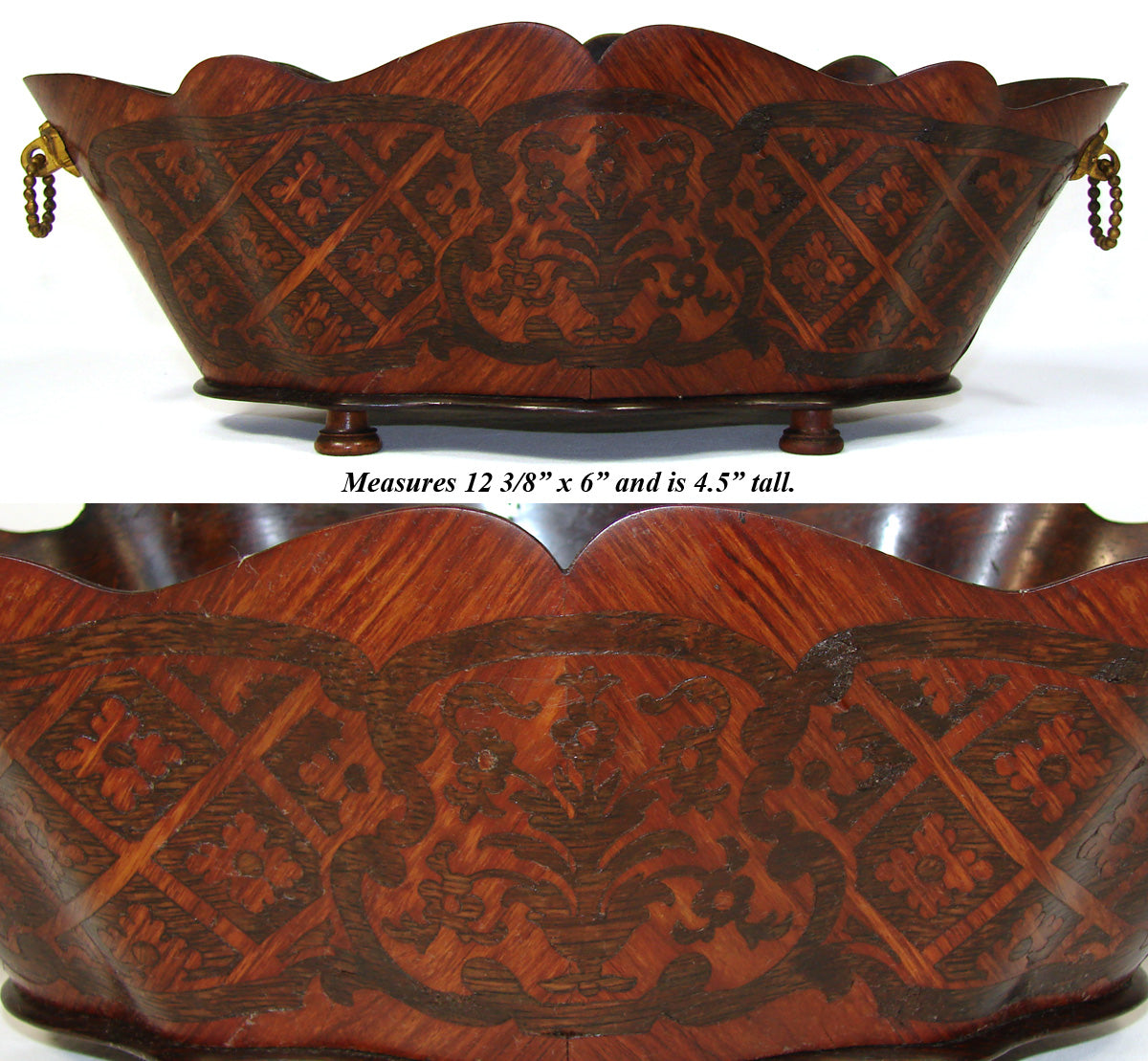 Rare Antique French Napoleon III 12.5" Jardiniere, Serpentine Wood with Marquetry Inlay