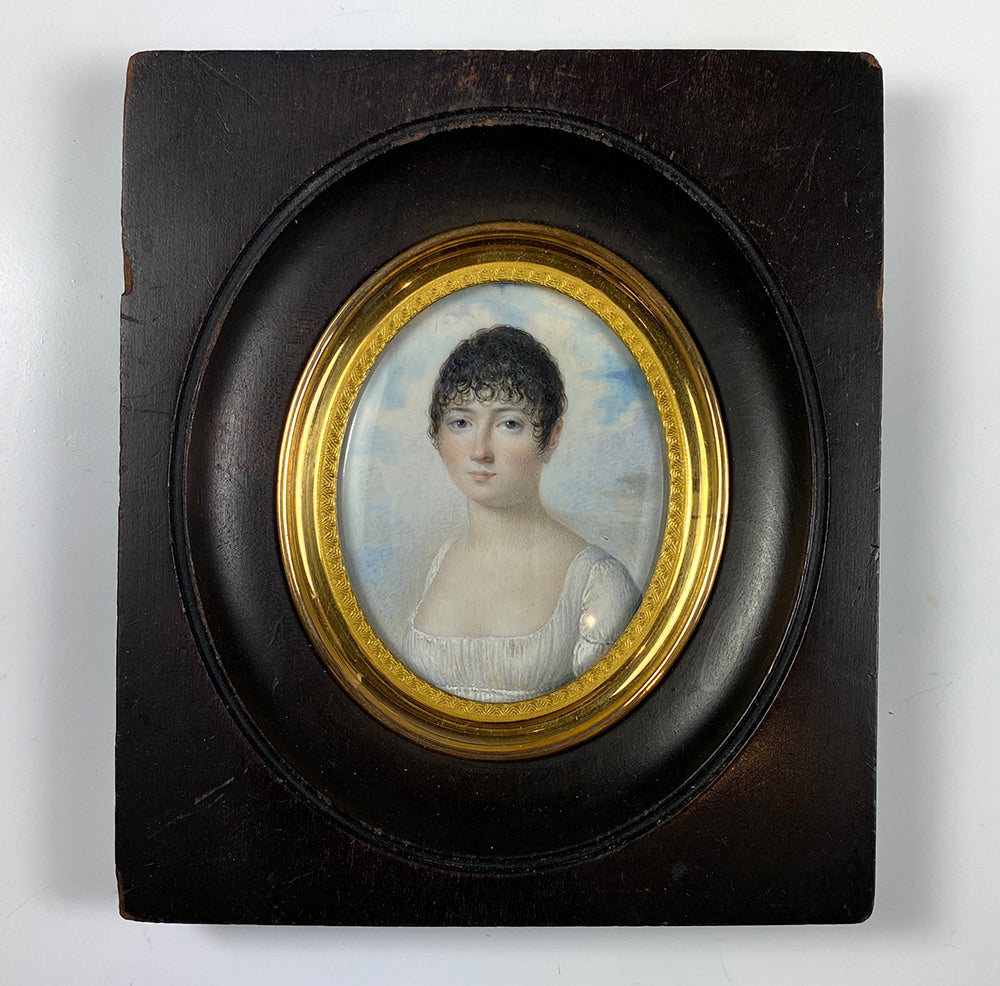 Antique French Empire Portrait Miniature, Beautiful Woman, "Naughty" Gown, Guillotine Haircut